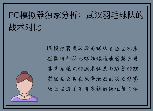 PG模拟器独家分析：武汉羽毛球队的战术对比